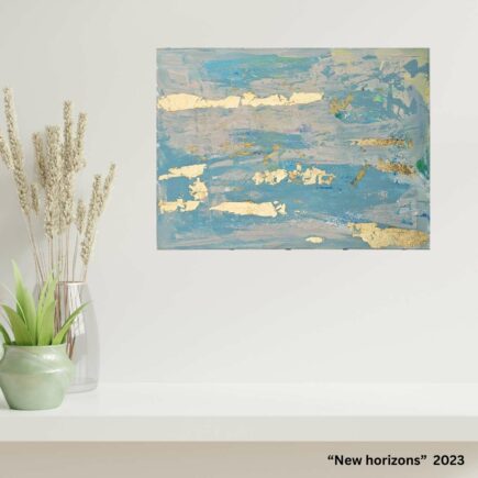 "new horizons" 40x30x1cm goauche, acryl , schlagmetall gold auf leinwand 2023